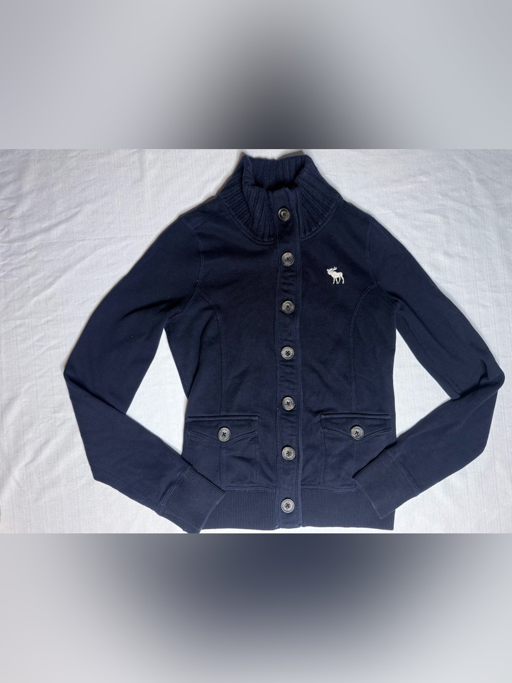 Abercrombie & Fitch Jacket Womens Large Blue Knit Button Front Stand Collar